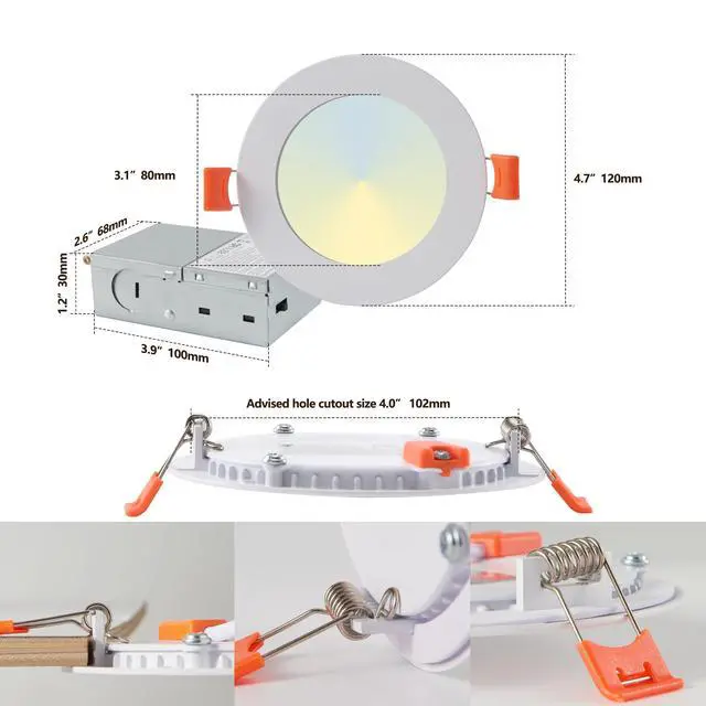 Alt view image 7 of 7 - 12-Pack 4 inch Ultra-Thin Led Recessed Ceiling Light with Junction Box, 2700K-5000K Dimmable Color Changing Downlight, 9W 810Lm, Easy install, Ideal for Kitchen, Bedroom, Basement