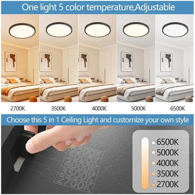 Alt view image 4 of 7 - 6Pk 12 inch Dimmable Led Flush Mount Ceiling Light, 2700K-6500K Adjustable,24W 2880Lm Modern Ultra Thin Flat Round Fixtures for Low Ceiling Bedroom Kitchen Hallway Basement Closet, Black