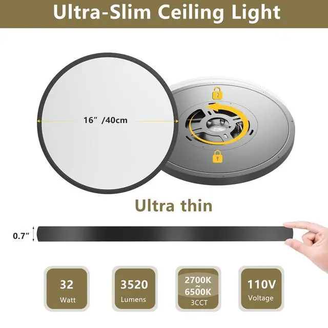 Alt view image 7 of 7 - 4 Pack Flush Mount Led Ceiling Light Fixture Black, 16inch 32Watt, Dimmable & 5 Color Selectable Ceiling Lamp 3520Lm Low Profile Ceiling Light for Kitchen Bedroom Hallway Porch