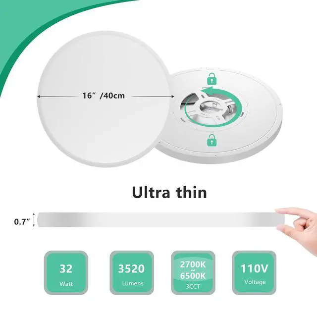 Alt view image 7 of 7 - 16inch Flush Mount Ceiling Light, 32W 3520Lm 5Cct Selectable, Dimmable Led Ceiling Light Fixture for Kitchen Bedroom Living Room, Modern Low Profile Style