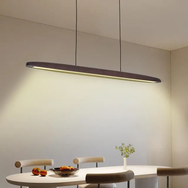 Alt view image 2 of 7 - 39-inch Streamline Wooden Led Pendant Light with Remote Control, Adjustable Hanging Light for Dining Room, Kitchen, Living Room Contemporary Walnut Wood Finish