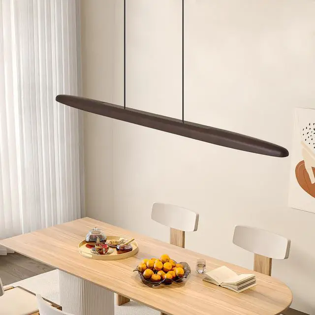 Alt view image 3 of 7 - 39-inch Streamline Wooden Led Pendant Light with Remote Control, Adjustable Hanging Light for Dining Room, Kitchen, Living Room Contemporary Walnut Wood Finish
