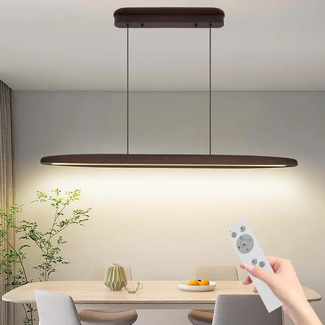 Alt view image 4 of 7 - 39-inch Streamline Wooden Led Pendant Light with Remote Control, Adjustable Hanging Light for Dining Room, Kitchen, Living Room Contemporary Walnut Wood Finish