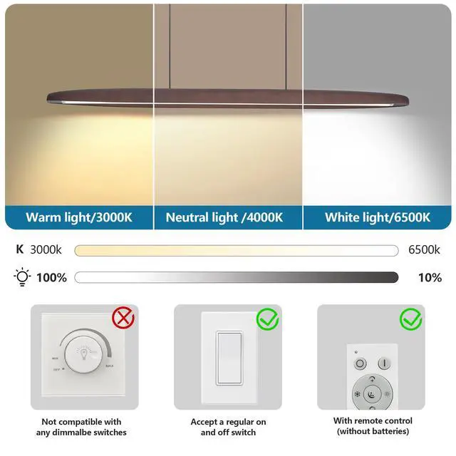 Alt view image 7 of 7 - 39-inch Streamline Wooden Led Pendant Light with Remote Control, Adjustable Hanging Light for Dining Room, Kitchen, Living Room Contemporary Walnut Wood Finish
