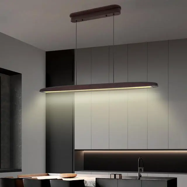 Alt view image 2 of 7 - 51-inch Streamline Wooden Led Pendant Light with Remote Control, Adjustable Hanging Light for Dining Room, Kitchen, Living Room Contemporary Walnut Wood Finish