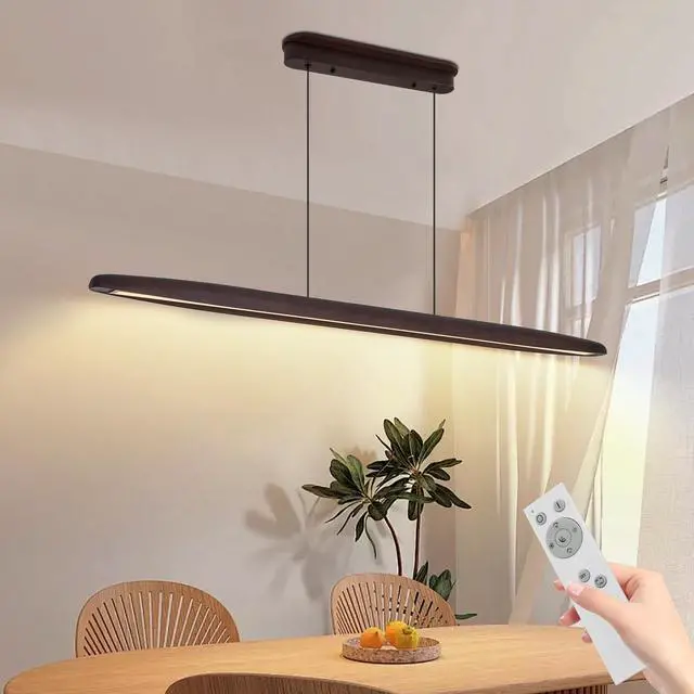Alt view image 4 of 7 - 51-inch Streamline Wooden Led Pendant Light with Remote Control, Adjustable Hanging Light for Dining Room, Kitchen, Living Room Contemporary Walnut Wood Finish