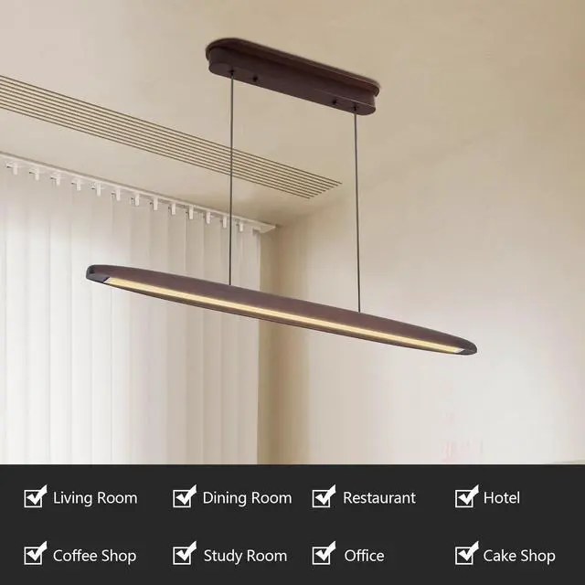 Alt view image 6 of 7 - 51-inch Streamline Wooden Led Pendant Light with Remote Control, Adjustable Hanging Light for Dining Room, Kitchen, Living Room Contemporary Walnut Wood Finish