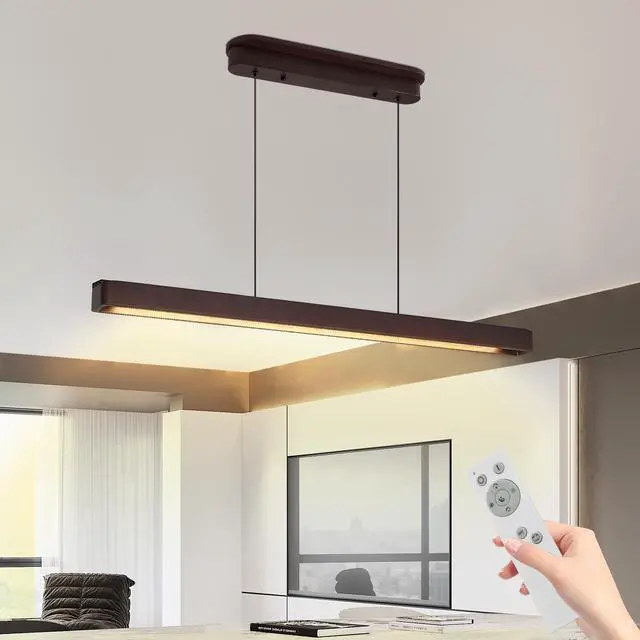 Alt view image 2 of 7 - 39-inch Walnut Wood Modern Led Pendant Light, Adjustable Hanging Light for Dining Room, Kitchen, Living Room Sleek Walnut Color Finish