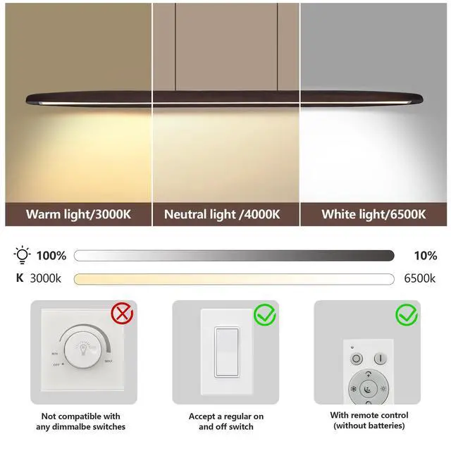 Alt view image 7 of 7 - 51-inch Streamline Wooden Led Pendant Light with Remote Control, Adjustable Hanging Light for Dining Room, Kitchen, Living Room Contemporary Walnut Wood Finish