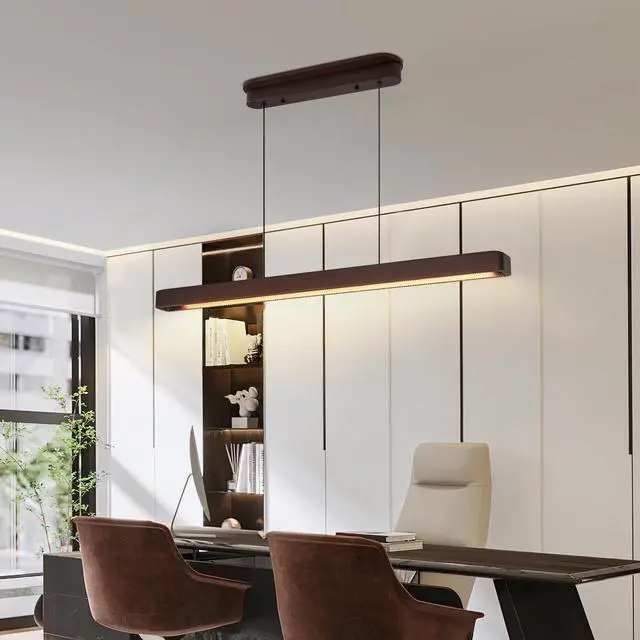 Alt view image 3 of 7 - 39-inch Walnut Wood Modern Led Pendant Light, Adjustable Hanging Light for Dining Room, Kitchen, Living Room Sleek Walnut Color Finish