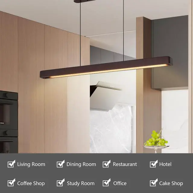 Alt view image 6 of 7 - 39-inch Walnut Wood Modern Led Pendant Light, Adjustable Hanging Light for Dining Room, Kitchen, Living Room Sleek Walnut Color Finish