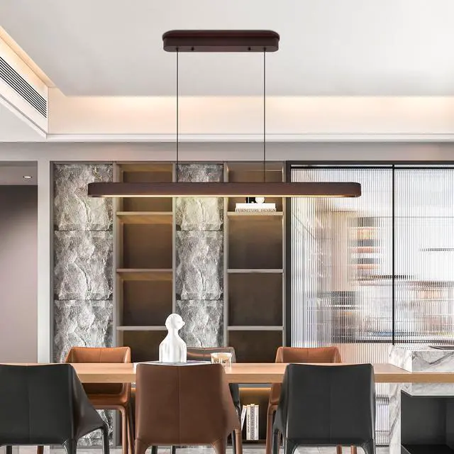Alt view image 5 of 7 - 39-inch Walnut Wood Modern Led Pendant Light, Adjustable Hanging Light for Dining Room, Kitchen, Living Room Sleek Walnut Color Finish