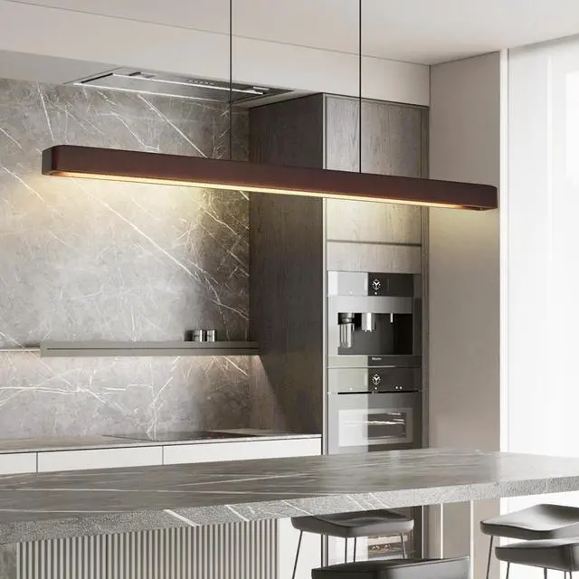 Alt view image 4 of 7 - 39-inch Walnut Wood Modern Led Pendant Light, Adjustable Hanging Light for Dining Room, Kitchen, Living Room Sleek Walnut Color Finish