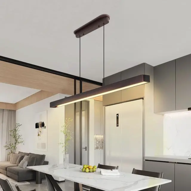 Alt view image 4 of 7 - 51-inch Walnut Wood Modern Led Pendant Light, Adjustable Hanging Light for Dining Room, Kitchen, Living Room Sleek Walnut Color Finish
