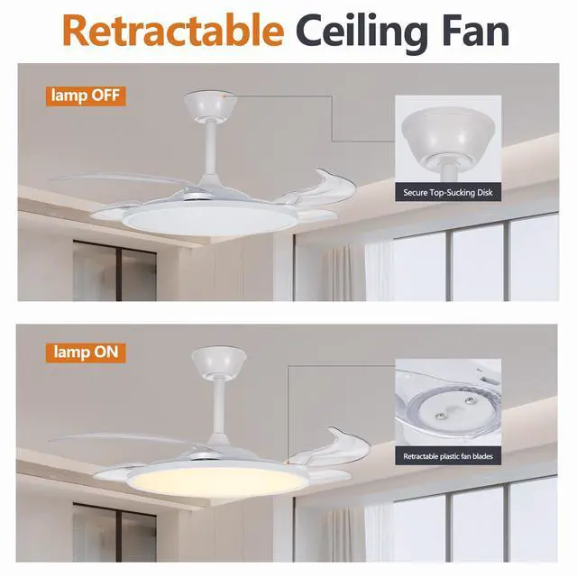 Alt view image 3 of 7 - Retractable Ceiling Fans with Lights,42 inch Ceiling Fan with Light and Remote Control,Flush Mount,Dc Reversible,3Cct,Low Noise,White Ceiling Fan for Bedroom,Living Room,Kitchen,indoor