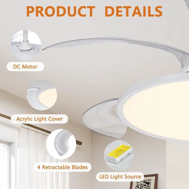 Alt view image 5 of 7 - Retractable Ceiling Fans with Lights,42 inch Ceiling Fan with Light and Remote Control,Flush Mount,Dc Reversible,3Cct,Low Noise,White Ceiling Fan for Bedroom,Living Room,Kitchen,indoor