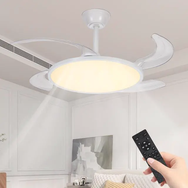 Alt view image 2 of 7 - Retractable Ceiling Fans with Lights,42 inch Ceiling Fan with Light and Remote Control,Flush Mount,Dc Reversible,3Cct,Low Noise,White Ceiling Fan for Bedroom,Living Room,Kitchen,indoor