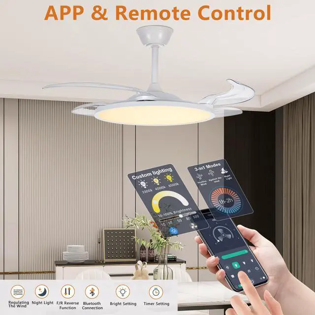 Alt view image 6 of 7 - Retractable Ceiling Fans with Lights,42 inch Ceiling Fan with Light and Remote Control,Flush Mount,Dc Reversible,3Cct,Low Noise,White Ceiling Fan for Bedroom,Living Room,Kitchen,indoor