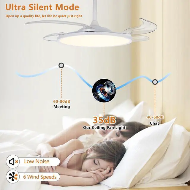 Alt view image 4 of 7 - Retractable Ceiling Fans with Lights,42 inch Ceiling Fan with Light and Remote Control,Flush Mount,Dc Reversible,3Cct,Low Noise,White Ceiling Fan for Bedroom,Living Room,Kitchen,indoor