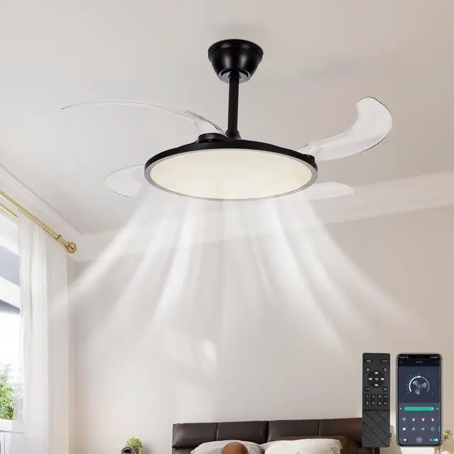 Alt view image 2 of 7 - 42 inch Retractable Ceiling Fan,Low Profile Ceiling Fan with Light and Remote,Modern Black Fan with Retractable Blades for Dinning Room Living Room Bedroom,Dimmable,Timer Setting