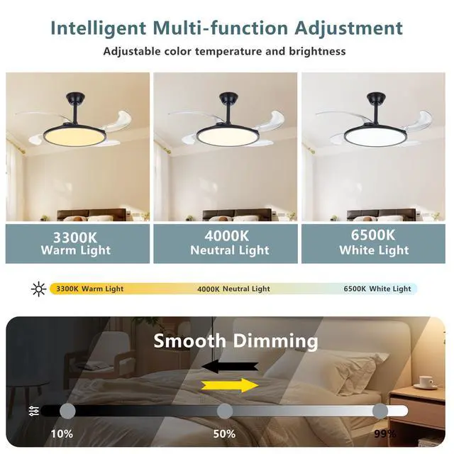 Alt view image 4 of 7 - 42 inch Retractable Ceiling Fan,Low Profile Ceiling Fan with Light and Remote,Modern Black Fan with Retractable Blades for Dinning Room Living Room Bedroom,Dimmable,Timer Setting