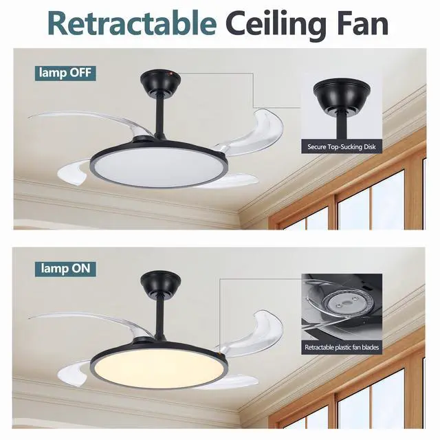 Alt view image 6 of 7 - 42 inch Retractable Ceiling Fan,Low Profile Ceiling Fan with Light and Remote,Modern Black Fan with Retractable Blades for Dinning Room Living Room Bedroom,Dimmable,Timer Setting
