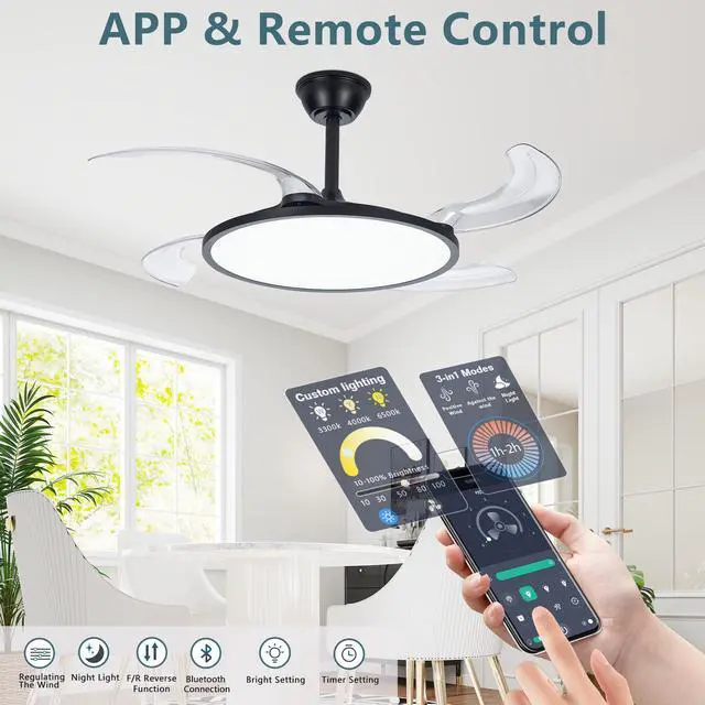Alt view image 3 of 7 - 42 inch Retractable Ceiling Fan,Low Profile Ceiling Fan with Light and Remote,Modern Black Fan with Retractable Blades for Dinning Room Living Room Bedroom,Dimmable,Timer Setting