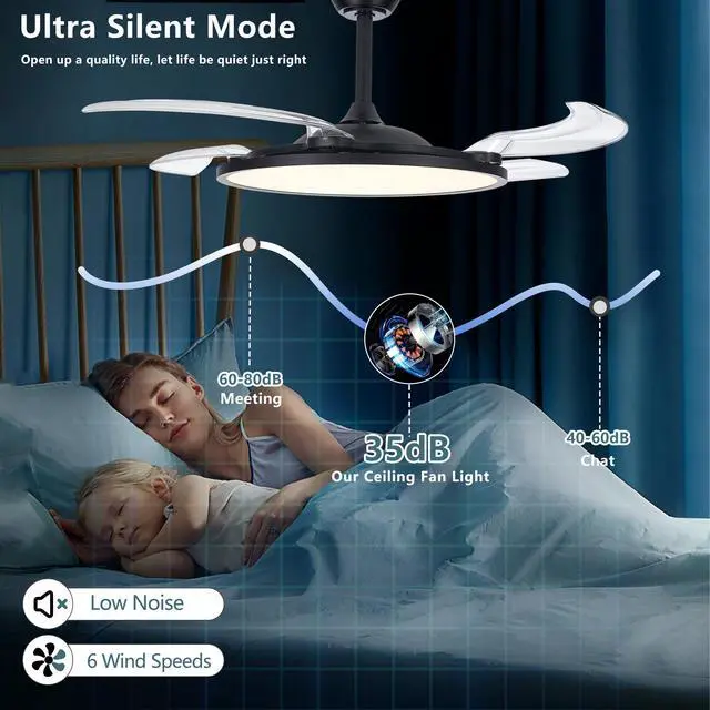 Alt view image 7 of 7 - 42 inch Retractable Ceiling Fan,Low Profile Ceiling Fan with Light and Remote,Modern Black Fan with Retractable Blades for Dinning Room Living Room Bedroom,Dimmable,Timer Setting