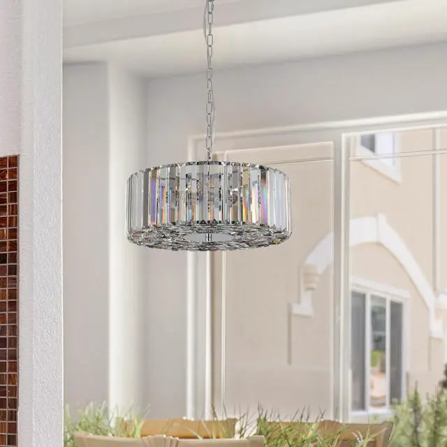 Alt view image 4 of 7 - 17" Chrome Crystal Pendant Chandelier, Modern Hanging Light Fixture with Adjustable Height, 4-Light E26 Base for Living Room, Dining Room, Or Kitchen (No Bulbs)