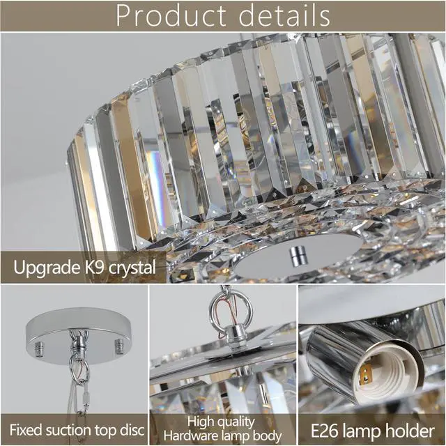 Alt view image 7 of 7 - 17" Chrome Crystal Pendant Chandelier, Modern Hanging Light Fixture with Adjustable Height, 4-Light E26 Base for Living Room, Dining Room, Or Kitchen (No Bulbs)