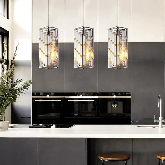 Alt view image 3 of 7 - 4" Modern Crystal Pendant Light - 3 Pack, Adjustable Hanging Ceiling Lamp with Crystal Prism Design for Dining Room, Kitchen Island, and Living Room -Chrome Finish