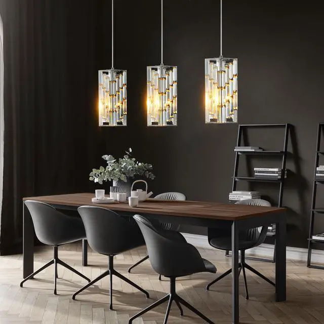 Alt view image 2 of 7 - 4" Modern Crystal Pendant Light - 3 Pack, Adjustable Hanging Ceiling Lamp with Crystal Prism Design for Dining Room, Kitchen Island, and Living Room -Chrome Finish