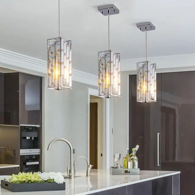 Main image of 4" Modern Crystal Pendant Light - 3 Pack, Adjustable Hanging Ceiling Lamp with Crystal Prism Design for Dining Room, Kitchen Island, and Living Room -Chrome Finish