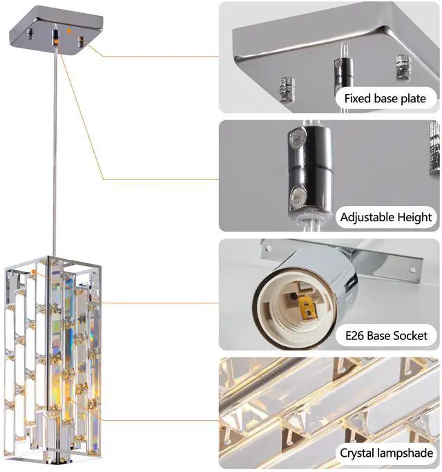 Alt view image 6 of 7 - 4" Modern Crystal Pendant Light - 3 Pack, Adjustable Hanging Ceiling Lamp with Crystal Prism Design for Dining Room, Kitchen Island, and Living Room -Chrome Finish