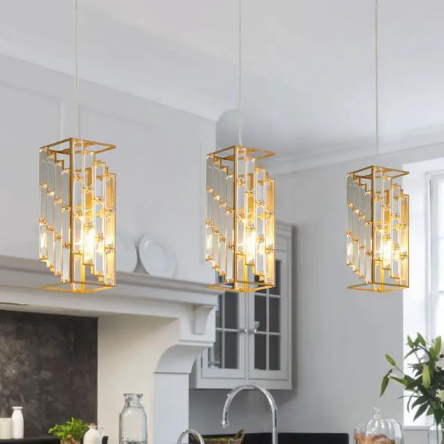 Alt view image 2 of 7 - 4" Modern Crystal Pendant Light - 3 Pack, Adjustable Hanging Ceiling Lamp with Crystal Prism Design for Dining Room, Kitchen Island, and Living Room -Golden Finish