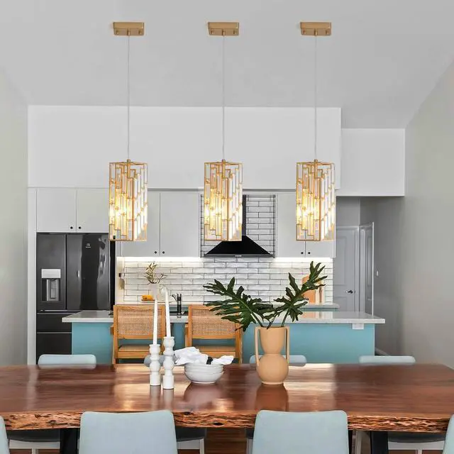 Main image of 4" Modern Crystal Pendant Light - 3 Pack, Adjustable Hanging Ceiling Lamp with Crystal Prism Design for Dining Room, Kitchen Island, and Living Room -Golden Finish