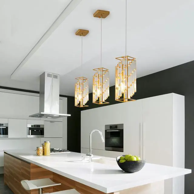 Alt view image 3 of 7 - 4" Modern Crystal Pendant Light - 3 Pack, Adjustable Hanging Ceiling Lamp with Crystal Prism Design for Dining Room, Kitchen Island, and Living Room -Golden Finish