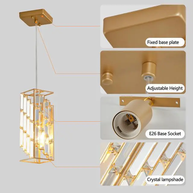 Alt view image 5 of 7 - 4" Modern Crystal Pendant Light - 3 Pack, Adjustable Hanging Ceiling Lamp with Crystal Prism Design for Dining Room, Kitchen Island, and Living Room -Golden Finish