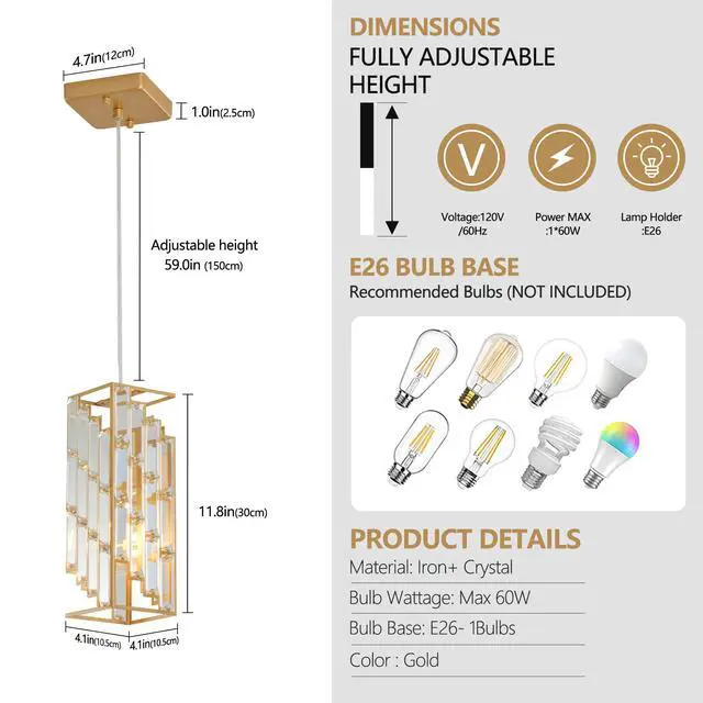 Alt view image 6 of 7 - 4" Modern Crystal Pendant Light - 3 Pack, Adjustable Hanging Ceiling Lamp with Crystal Prism Design for Dining Room, Kitchen Island, and Living Room -Golden Finish
