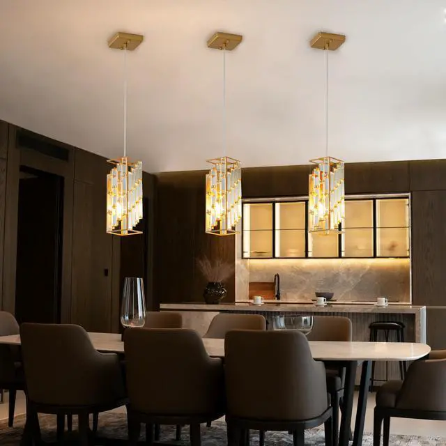Alt view image 4 of 7 - 4" Modern Crystal Pendant Light - 3 Pack, Adjustable Hanging Ceiling Lamp with Crystal Prism Design for Dining Room, Kitchen Island, and Living Room -Golden Finish