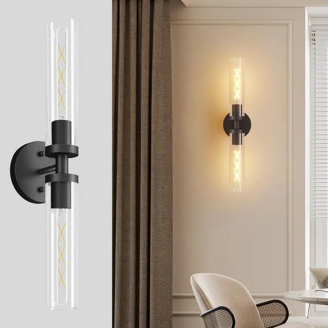 Main image of Wall Sconces Set Of Two, Hardwired Matte Black Bathroom Sconces Wall Lighting with Clear Glass, Modern Sconces Wall Decor Set Of 2 Wall Light Fixtures for Bathroom Mirror Hallway (Bulbs Not included)