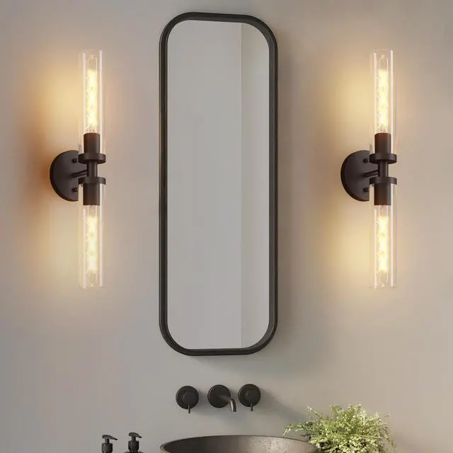 Alt view image 3 of 7 - Wall Sconces Set Of Two, Hardwired Matte Black Bathroom Sconces Wall Lighting with Clear Glass, Modern Sconces Wall Decor Set Of 2 Wall Light Fixtures for Bathroom Mirror Hallway (Bulbs Not included)