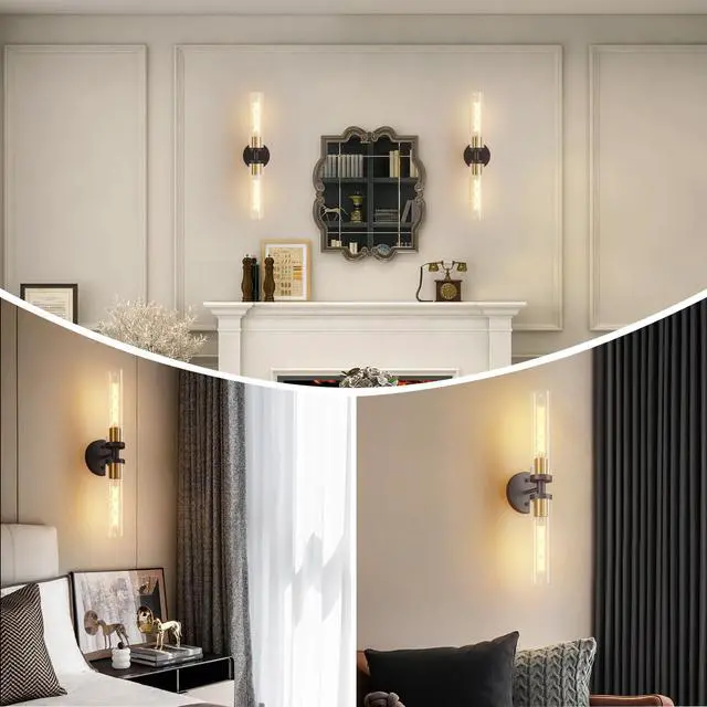 Alt view image 2 of 7 - Wall Sconces Set Of Two, Black and Gold Bathroom Sconces Wall Lighting with Clear Glass, Modern Sconces Wall Decor Set Of 2 Wall Light Fixtures for Bathroom Mirror Living Room Hallway Bedroom