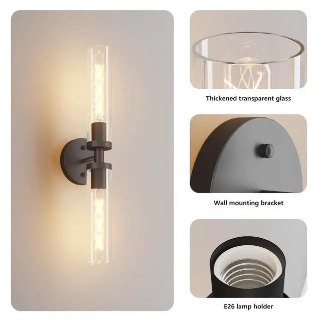 Alt view image 7 of 7 - Wall Sconces Set Of Two, Hardwired Matte Black Bathroom Sconces Wall Lighting with Clear Glass, Modern Sconces Wall Decor Set Of 2 Wall Light Fixtures for Bathroom Mirror Hallway (Bulbs Not included)