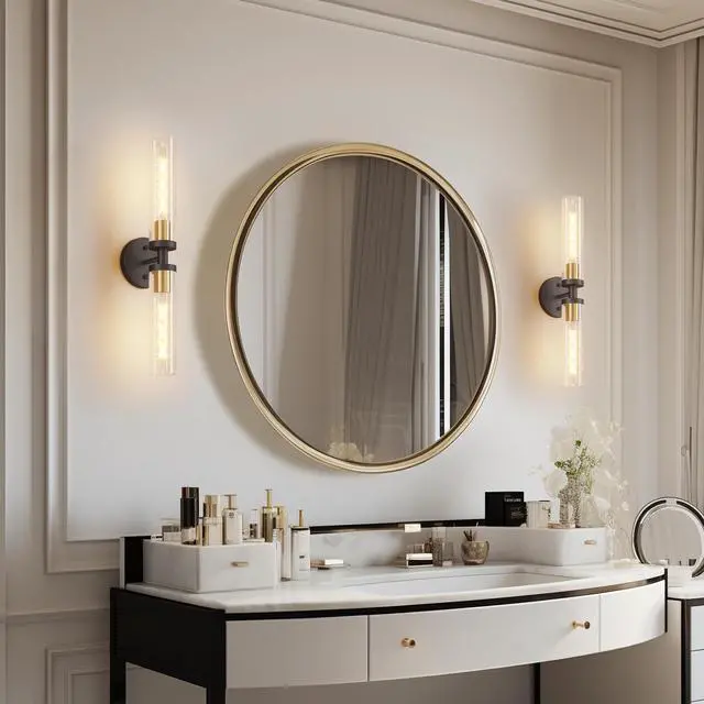 Alt view image 4 of 7 - Wall Sconces Set Of Two, Black and Gold Bathroom Sconces Wall Lighting with Clear Glass, Modern Sconces Wall Decor Set Of 2 Wall Light Fixtures for Bathroom Mirror Living Room Hallway Bedroom
