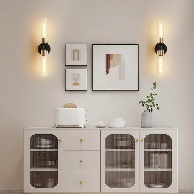 Alt view image 3 of 7 - Wall Sconces Set Of Two, Black and Gold Bathroom Sconces Wall Lighting with Clear Glass, Modern Sconces Wall Decor Set Of 2 Wall Light Fixtures for Bathroom Mirror Living Room Hallway Bedroom