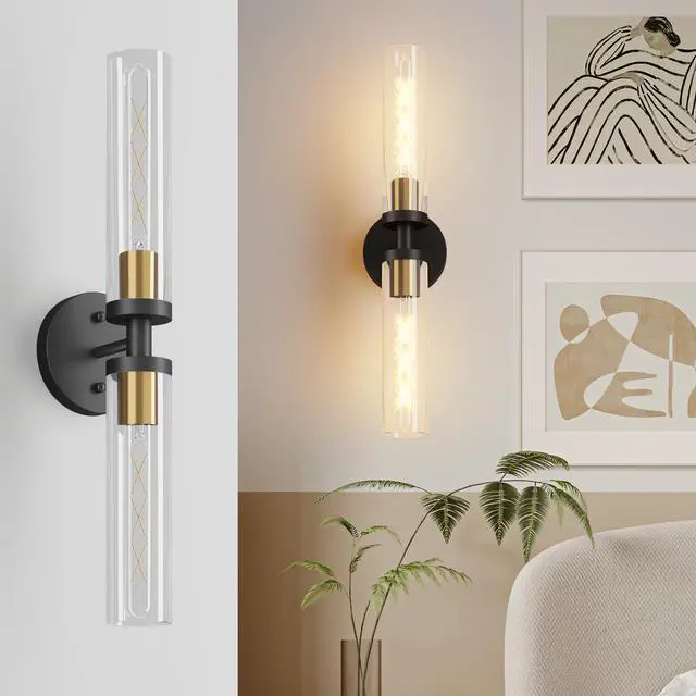Main image of Wall Sconces Set Of Two, Black and Gold Bathroom Sconces Wall Lighting with Clear Glass, Modern Sconces Wall Decor Set Of 2 Wall Light Fixtures for Bathroom Mirror Living Room Hallway Bedroom