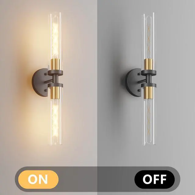 Alt view image 6 of 7 - Wall Sconces Set Of Two, Black and Gold Bathroom Sconces Wall Lighting with Clear Glass, Modern Sconces Wall Decor Set Of 2 Wall Light Fixtures for Bathroom Mirror Living Room Hallway Bedroom