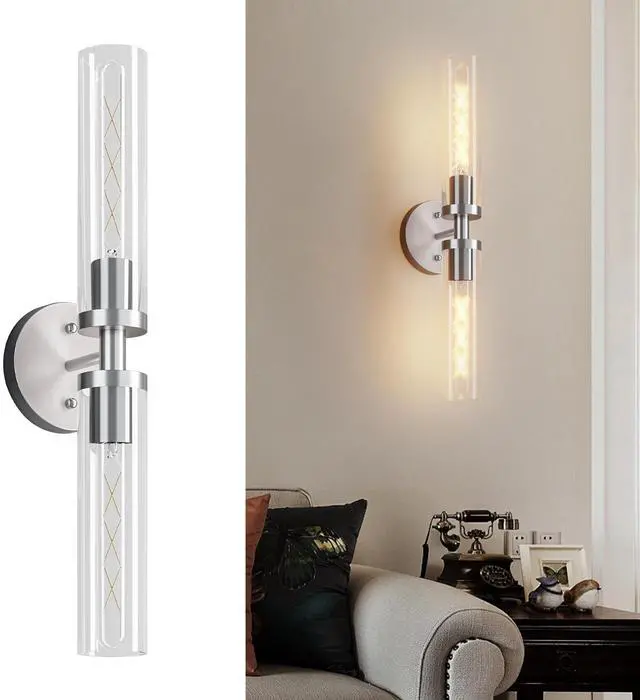 Main image of Wall Sconces Set Of Two, Hardwired Brushed Nickel Bathroom Sconces Wall Lighting with Clear Glass, Modern Sconces Wall Decor Set Of 2 Wall Light Fixtures for Mirror Hallway (Bulbs Not included)