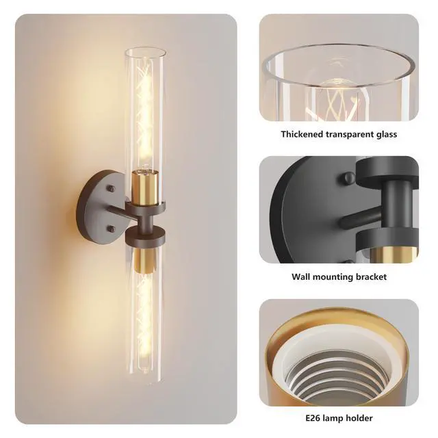 Alt view image 5 of 7 - Wall Sconces Set Of Two, Black and Gold Bathroom Sconces Wall Lighting with Clear Glass, Modern Sconces Wall Decor Set Of 2 Wall Light Fixtures for Bathroom Mirror Living Room Hallway Bedroom